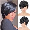 Huarisi Short Black Bob Wig with Bangs Side Part 1B Chic Elegent Pixie Cut Wigs for Women Wavy Human Hair Glueless Natural Side-Swept Fringe Layered None Lace Remy Real Hair
