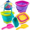 Sloosh Confezione da 3 secchi pieghevoli -Secchi pieghevoli con paletta per la sabbia e zaino in rete per bambini, spiaggia, viaggi in campeggio con uova di Pasqua e secchi da pesca (Rosa/Viola/Verde)