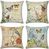 Serento Fodera per Cuscino Decorativa in Lino Set di 4 Fodere per Cuscini Motivo Floreale Farfalla Uccello Copricuscini Moderna Fodere per Cuscini per Divano Soggiorno Sedia Letto Primavera Esterno 45x45cm