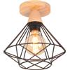 iDEGU Plafoniera Vintage Industriale, Lampada da Soffitto in Legno e Metallo Nero Gabbia Geometrica 22cm Retro E27 Lampadario Soffitto Interni per Corridoio Camera da Letto Cucina Sala (1 Pezzo)