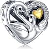 NINGAN Cigno Madre e Bambino Perline Charm Bracciale in argento Sterling 925 Adatto per bracciali e collane da donna Amici, famiglia, regali di gioielli
