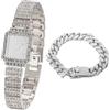HALUKAKAH Bambini Orologio Diamanti,Placcato Platino,Quadrante Rettangolare Elegante e Casual,Diamanti Pieni Stelle Scintillanti,Orologio Quarzo Cinturino Acciaio Inox,con Catena Cubana 18cm