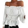 Briskorry Camicetta da donna vittoriana, camicia pirata, vintage, colletto alto, a maniche lunghe, con volant, a spalle scoperte, corsetto, top medievale, maglietta pirata, bianco, L