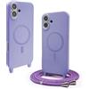 Bigcousin Magnetica Cover con Cordino per iPhone 16 Plus,[Compatibile con MagSafe], Cover in Silicone, Regolabile Cordino da Collo Nylon Catena Collana Tracolla,Viola