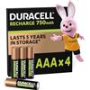 Duracell Batterie Ricaricabili AAA (Confezione da 4), Pile ricaricabili, 750 mAh NiMH, 1000 ricariche, pre-caricate, energia di lunga durata con una confezione plastic free e 100% riciclabile