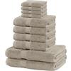 DecoKing Set di 10 asciugamani in cotone di qualità 525 g/m², 4 asciugamani per ospiti 30 x 50 cm, 4 asciugamani da 50 x 100 cm e 2 teli da bagno 70 x 140 cm, beige assorbenti Marina