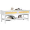 HOMCOM Tavolino da Caffè Rettangolare con 2 Cassetti e Ripiano, Tavolino Basso Boho in Rattan e Legno, 120x50x50 cm, Bianco e color Legno