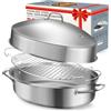 DePango Casseruola con griglia e coperchio, in acciaio inox, grande teglia ovale, antiaderente, per tacchino, pollo, 55,9 x 30,6 cm
