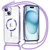 Oelrstfe Magnetica Cover per iPhone 15 6.1 con Cordino Regolabile, Compatibile con MagSafe, Trasparente Custodia con Collana Tracolla Laccio Collo Morbido TPU Silicone Lanyard Case Antiurto, Viola