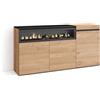 Skraut Home | Credenza, Mobile, Cucina | Madia, mobile ingresso | 150x75x35cm | 3 Porte | Camino elettrico | Stile moderno | Rovere e nero