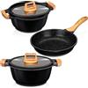 Smile Wood Batteria da Cucina Induzione, 3 pezzi, in alluminio pressofuso antiaderente ILAG Ultimate senza PFOA, set pentole coperchi vetro + padella, manici in silicone effetto legno, vetroceramica