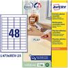 Avery Italia L4736REV-25 Etichette adesive carta bianca adesivo rimovibile nessun residuo, 25 fogli A4, rettangolari 45,7x21,2mm, 48 etichette per foglio, adesivo rimovibile, stampanti laser e inkjet