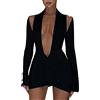 Yowablo Mini Abiti Neri da Donna con Scollo all'Americana e Maniche Lunghe da Donna, Abito Sexy con Scollo a V Profondo Senza Schienale Vestito Maglina Lungo