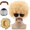 Ymoryiyi Parrucca afro da uomo con baffi - parrucca corta in oro - Costume da discoteca e accessori hippie per uomo - parrucca ricci per carnevale, feste a tema, Halloween