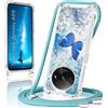XCYYOO Custodia per cellulare per Xiaomi Redmi A3 con nastro, Xiaomi Redmi A3 Glitter farfalla con catena TPU Slim Bumper antigraffio trasparente antiurto farfalla con cordino