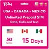 TSIM Carta SIM Prepagata USA per 15 Giorni | Dati Illimitati 4G/5G negli Stati Uniti + 5GB Canada/Messico | Chiamate Locali Illimitate | Chiamate e SMS Gratuiti in Arrivo