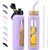 BLUEGO Borraccia Vetro 900ml con 2 Coperchi e Cannuccia, Sportiva Bottiglia d'Acqua con Custodia in Silicone e Indicatori di Tempo, Senza BPA, Viola