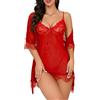 BEINF Lingerie Donna Sexy Babydoll in Pizzo Camicia con Collo a V e Vestaglia A Rete Completo Intimi Camicia da Notte, Set di Perizoma, Calze, 4 Pezzi Rosso L