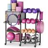 Bikoney Supporto Manubri con Porta Tappetino Yoga - Rastrelliera Pesi Regolabile per Home Gym, Porta Bilanciere con Ripiani per Dischi, Organizer Fitness per Rullo in Schiuma, Blocchi Yoga e Manubri