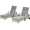 Outsunny Lettino Prendisole Tavolino Set da Giardino in 3 Pezzi, Rattan Sintetico+Metallo Grigio