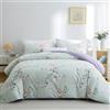 BOLINLIVING Set di biancheria da letto matrimoniale con motivo floreale, 3 pezzi, copripiumino con 2 federe, morbido motivo floreale verde salvia e viola, per tutte le stagioni, traspirante, con