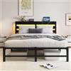 VERFARM Letto 140 x 200 cm con LED, letto in metallo con stazione di ricarica USB e testiera in legno con vano portaoggetti, letto per ragazzi, letto matrimoniale, telaio con vano portaoggetti sotto