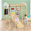 COSTWAY Set Arrampicata 8 in 1 per Bambini, Rocce da Arrampicata e Scala, con Scivolo Rete da Arrampicata, Barra Orizzontale, Centro attività di Legno per Bambini 3 Anni + (Stile 1 Naturale)