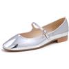 Feversole Women's Square Toe Mary Jane Fashion，Punta Quadrata Easy Buckle Tacco Basso Slip On Flats in Pelle Vegana Argento Taglie 41 EU