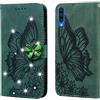 LEMAXELERS Custodia Galaxy A50 Cover Portafoglio,Galaxy A50 Custodia Rilievo Brillantini Diamond La Farfalla Wallet Shock-Absorption Magnetica Leather Flip Cover,CY DZ Die Green
