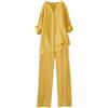 Generic Camicia a maniche lunghe da donna in cotone e lino casual alla moda tinta unita cravatta fino pantaloni lunghi set camicie plaid junior, Giallo, M