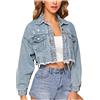 IQYU Giacca di jeans da donna, oversize, corta: giacca corta di jeans da donna, con perle, in denim, da mezza stagione, con strass, giacca estiva a maniche lunghe, in denim, Azzurro, L
