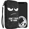 kwmobile Custodia in feltro con zip per Smartphone XL - 6,7/6,8 - Astuccio portacellulare a sacchetto con cerniera e ricamo - Borsa Don't touch my phone bianco/grigio scuro