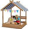 Outsunny Sandbox con Protezione Solare, Design Casa da Gioco, con Set di Giocattoli, Legno Massiccio Trattato, 124 x 116 x 146 cm, Marrone