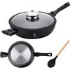 Stone&Stone Padella induzione estremamente antiaderente | alluminio acciaio e rivestimento tedesco | padelle chef professionale | antigraffio | cucina senza grassi + coperchio in vetro temperato (28CM ALTA)