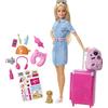 Barbie Set da Viaggio - Bambola con Valigia Apribile e Cucciolo - Abito di Jeans - Adesivi - 10+ Accessori - Regalo per Bambini 3+ Anni, FWV25