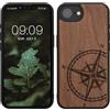 kwmobile Custodia Compatibile con Apple iPhone 17e / iPhone 16e Cover - Back Case in Legno con Bumper in Silicone TPU - Bussola Vintage Marrone Scuro