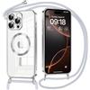 Oelrstfe Magnetica Cover per iPhone 16 Pro Max 6.9 con Cordino Regolabile, Compatibile con MagSafe,Trasparente Custodia con Collana Tracolla Laccio Collo TPU Silicone Lanyard Case Antiurto, Argentato
