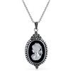 Bling Jewelry Vintage Estate Style Nero Madre Di Perla Conchiglia Bianca Intagliata Vittoriana Signora Ritratto Cameo Collana Per Donne Marcasite Telaio Ossidato .925 Argento