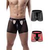 ohyeahlady Boxer Uomo in Rete Taglie Forti con Finta Pelle a Vita Bassa Intimo Traspirante in Maglia Morbida Perizoma Confortevoli Pantaloncini ad Asciugatura Rapida Biancheria Intima (Nero+Rosso,M)