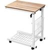 DlandHome Carrello Tavolo da Letto Regolabile in Altezza 56 ~ 76 cm Tavolino Punta del Divano Piccolo Tavolino a Rotella a Forma di U con Cestino Supporto per Computer Portatile per Lettura, Quercia