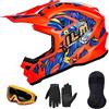 ILM Casco Motocross Bambino Set con occhiali guanti maschera ATV Off Road Go Kart DOT ECE Modello Z705,Fantasy Orange,S