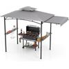 HOMASIS Gazebo per Barbecue con Tettoia Laterale, Pergolato da Giardino con Doppio Tetto, 2 Tavoli e Ganci, Pergola Addossata per Esterno, Gazebo per griglia/BBQ (Grigio, 318 x 153 x 250 cm)