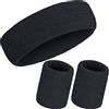WILLBOND Set di 3 fasce tergisudore, include fascia sportiva e polsiere in cotone a righe, fascia per il sudore per uomini e donne atletiche (nero)