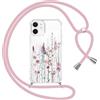 Yoedge Cover con Cordino per iPhone 12 mini 5,4, Custodia Trasparente con Aesthetic Disegni Floreale 3, Sottile Morbido TPU Silicone + PC Antiurto Protettiva Case con Collana Tracolla Laccio Collo