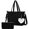 RBDDBR Donna Borsa Mano Borse a Spalla in Velluto a Coste, Borsa Messenger Grande in Velluto a Coste Con Tracolla Regolabile e Charm Portachiavi in Peluche e Portafoglio per Scuola Ufficio Lavoro Viaggi Gite