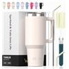 WATERSY 591ml Bicchiere Termico con Manico, 20 oz Grande Tazza Termica Beige in Acciaio Inox, Tazza da Caffè con Cannuccia, Thermos per Acqua Doppia Parete, per Palestra, Auto e Viaggio