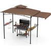 HOMASIS Gazebo per Barbecue con Tettoia Laterale, Pergolato da Giardino con Doppio Tetto, 2 Tavoli e Ganci, Pergola Addossata per Esterno, Gazebo per griglia/BBQ (Marrone, 318 x 153 x 250 cm)