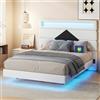 MOTUZP Telaio del letto, letto galleggiante con rete a doghe doppie, imbottito con illuminazione a LED e porte USB, testiera in velluto con motivo diamante, senza materasso (B, 140 x 190 cm)