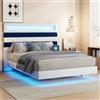 MOTUZP Telaio del letto, letto matrimoniale imbottito con illuminazione a LED e porte USB, letto galleggiante 140 x 190 cm con rete a doghe e testiera rettangolare in velluto a fantasia, senza materasso (C)