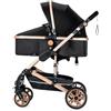 Dziranam Passeggino reversibile 3 in 1,passeggino trio,sospensioni anteriori,chiusura compatta One-Touch per un facile stoccaggio(Nero&Oro)
